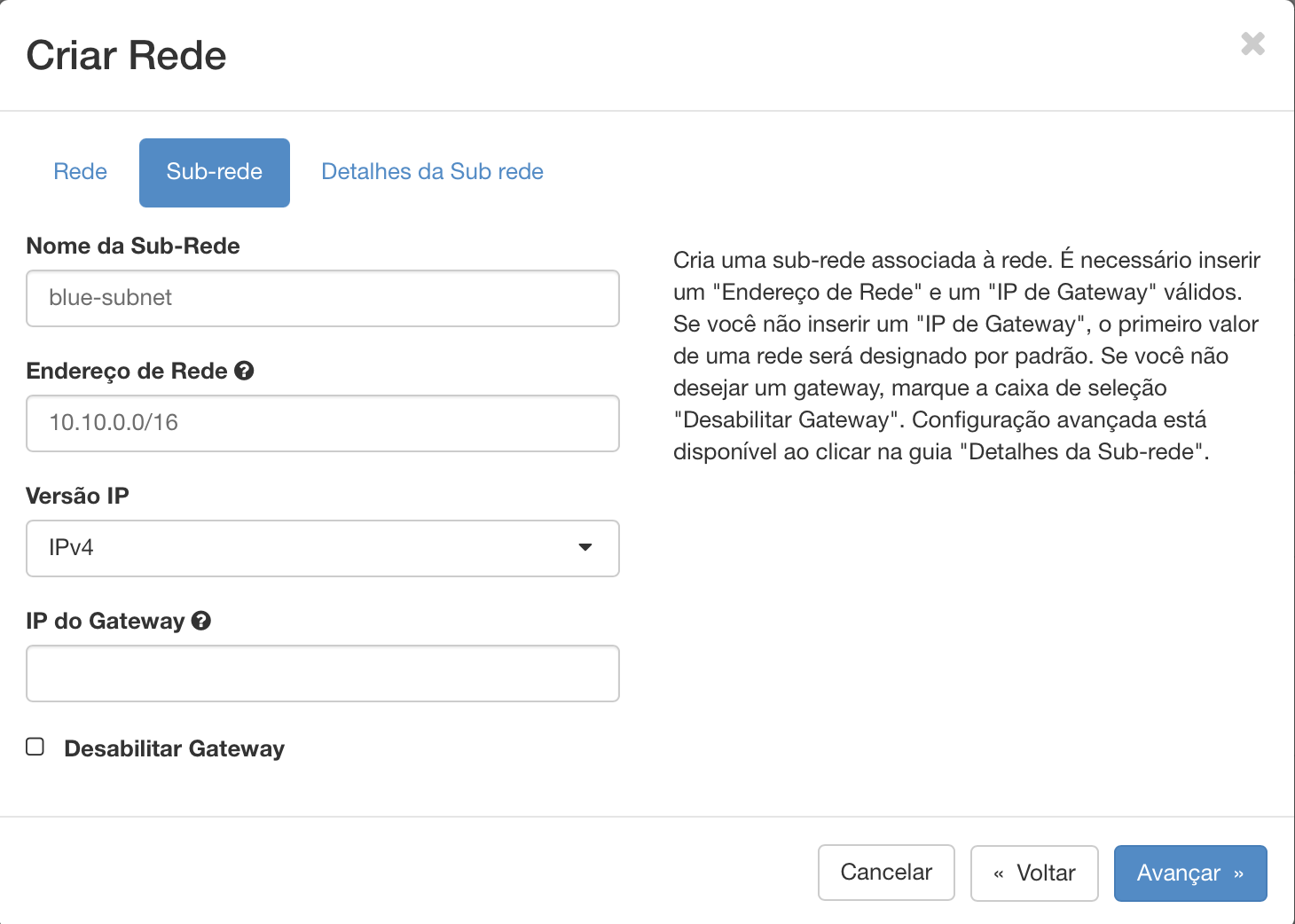 Painel da NNumbers Cloud, Redes: iP de Gateway: Endereço IP do Gateway (por exemplo, 192.168.0.254) O valor