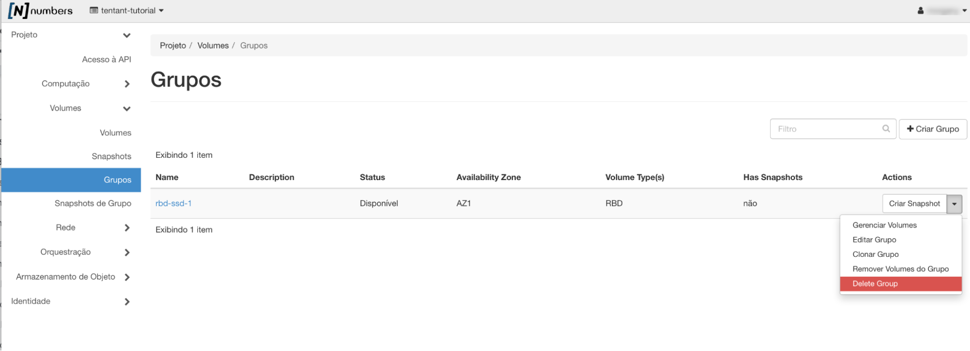 Painel da NNumbers Cloud, Volumes: para excluir um grupo selecione o menu Projeto -> Volumes -> Grupos