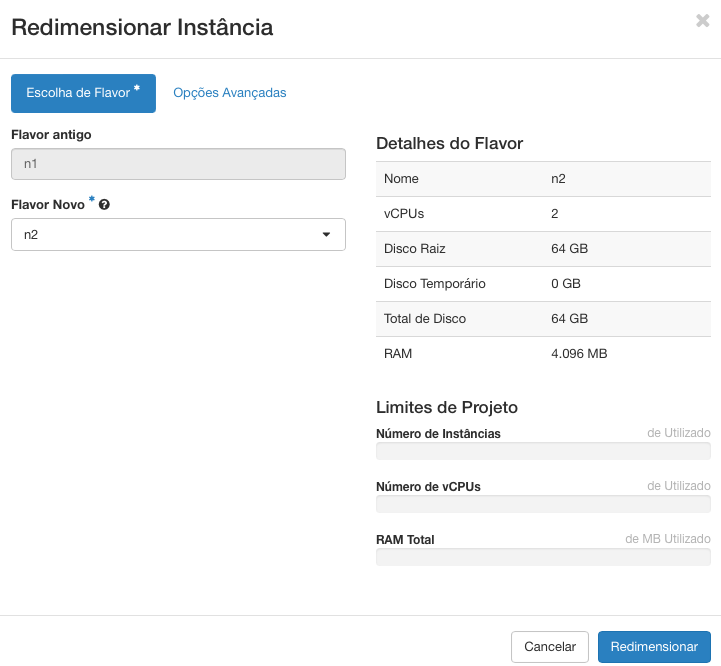 Painel da NNumbers Cloud, Instâncias computacionais: em seguida selecione o novo flavor desejado e clique