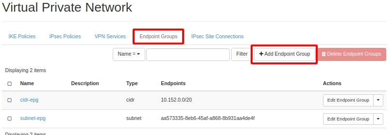 Painel da NNumbers Cloud, VPN site-to-site: no menu localizado ao topo clique em Endpoint Groups e depois