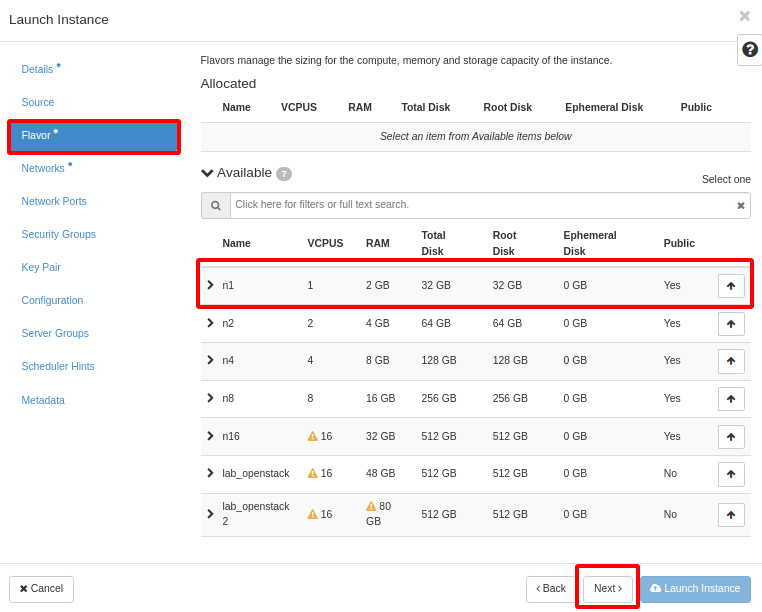 Painel da NNumbers Cloud, Volumes: em Flavor, selecione o mesmo plano usado na instância anteriormente