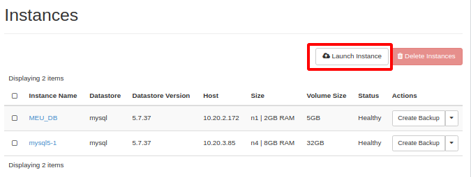 Painel da NNumbers Cloud, Banco de dados: na tela com a listagem das instâncias dos bancos de dados, clique