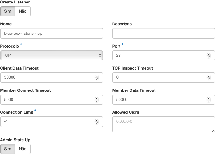 Painel da NNumbers Cloud, Load balancers: quando o protocolo UDP ou o protocolo SCTP é selecionado, apenas os