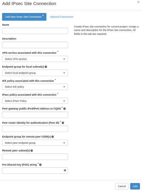 Formulário Add IPsec Site Connection preenchido