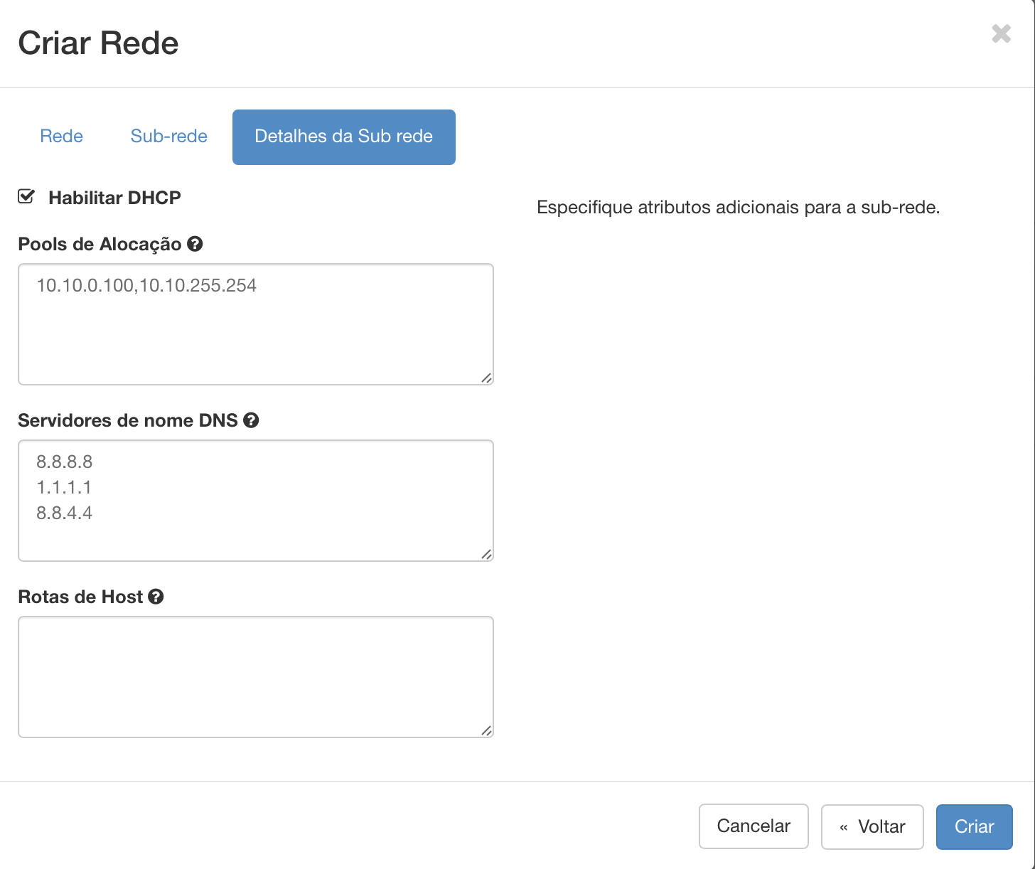 Painel da NNumbers Cloud, Redes: para o campo Rotas de Host veja o tópico