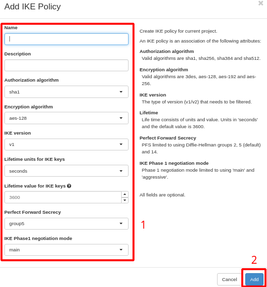Painel da NNumbers Cloud, VPN site-to-site: após preenchido o formulário, no rodapé, clique em Add