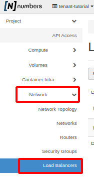 Painel da NNumbers Cloud, IPs flutuantes: no menu à esquerda, clicar em Network e depois em Load Balancer