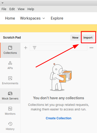 Painel da NNumbers Cloud, Volumes: para importar a collection de backup, clique em Import