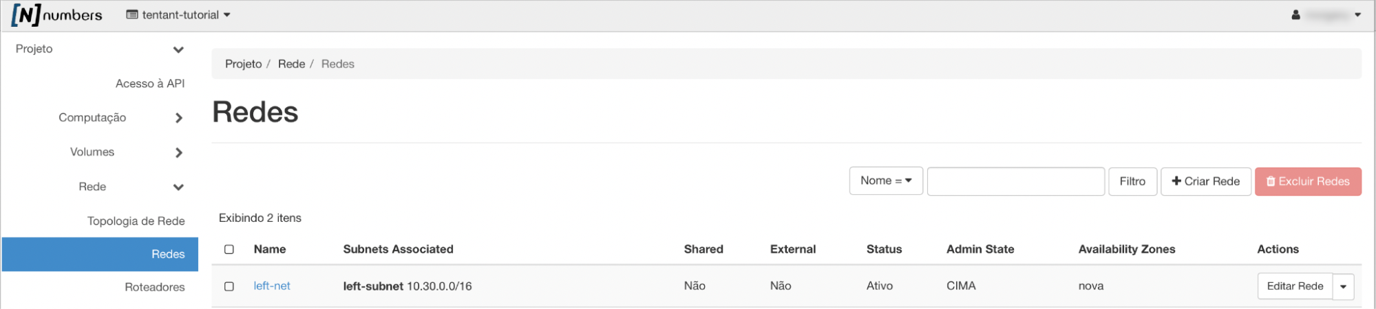 Painel da NNumbers Cloud, Redes: para criar uma nova rede, selecione o menu Projeto -> Rede -> Redes, botão
