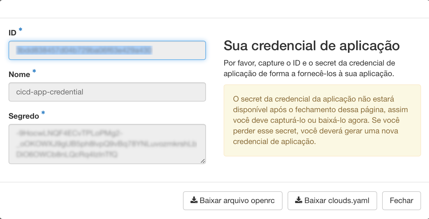 Painel da NNumbers Cloud, Credenciais de aplicação: em seguida será apresentada a tela abaixo contendo o ID