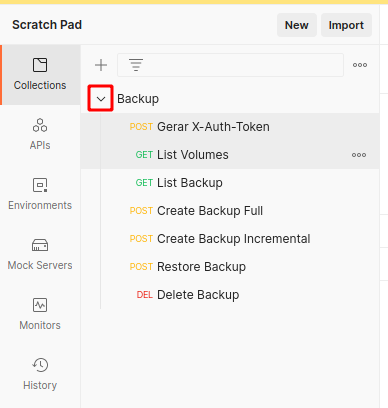 Painel da NNumbers Cloud, Volumes: note que a Scratch pad agora possui a collection de backup (expandir