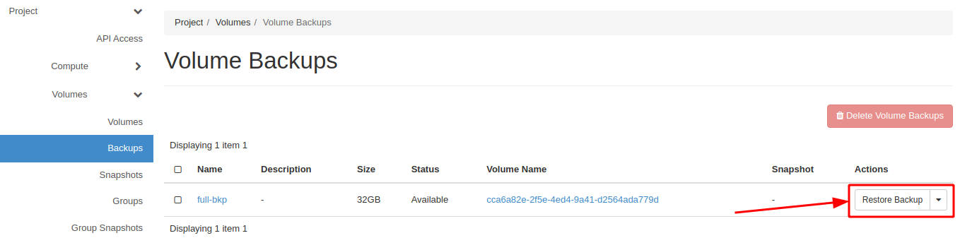 Painel da NNumbers Cloud, Volumes: na lista, selecione o backup a ser restaurado clicando em Restore Backup