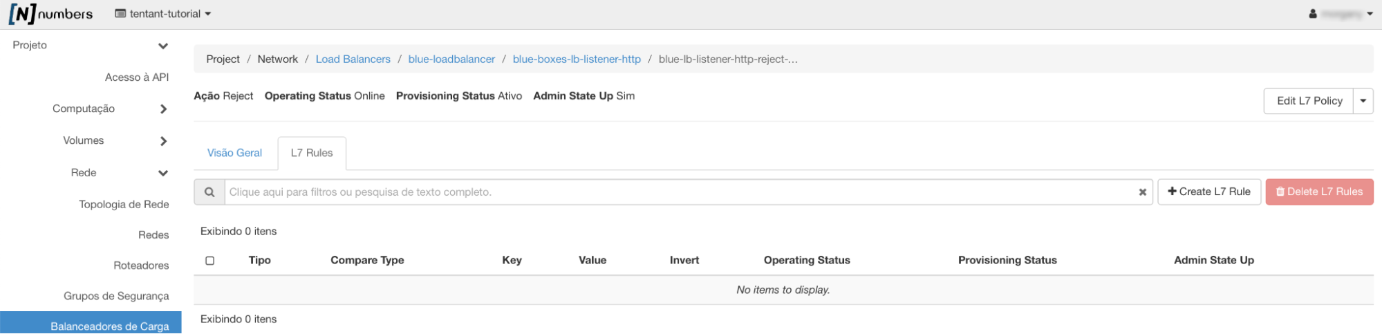 Painel da NNumbers Cloud, Load balancers: clique no botão Criar Regra L7 (Create L7 Rule)