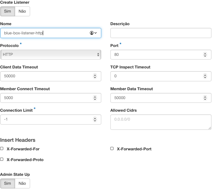 Painel da NNumbers Cloud, Load balancers: quando o protocolo TCP ou o protocolo HTTPS são selecionados