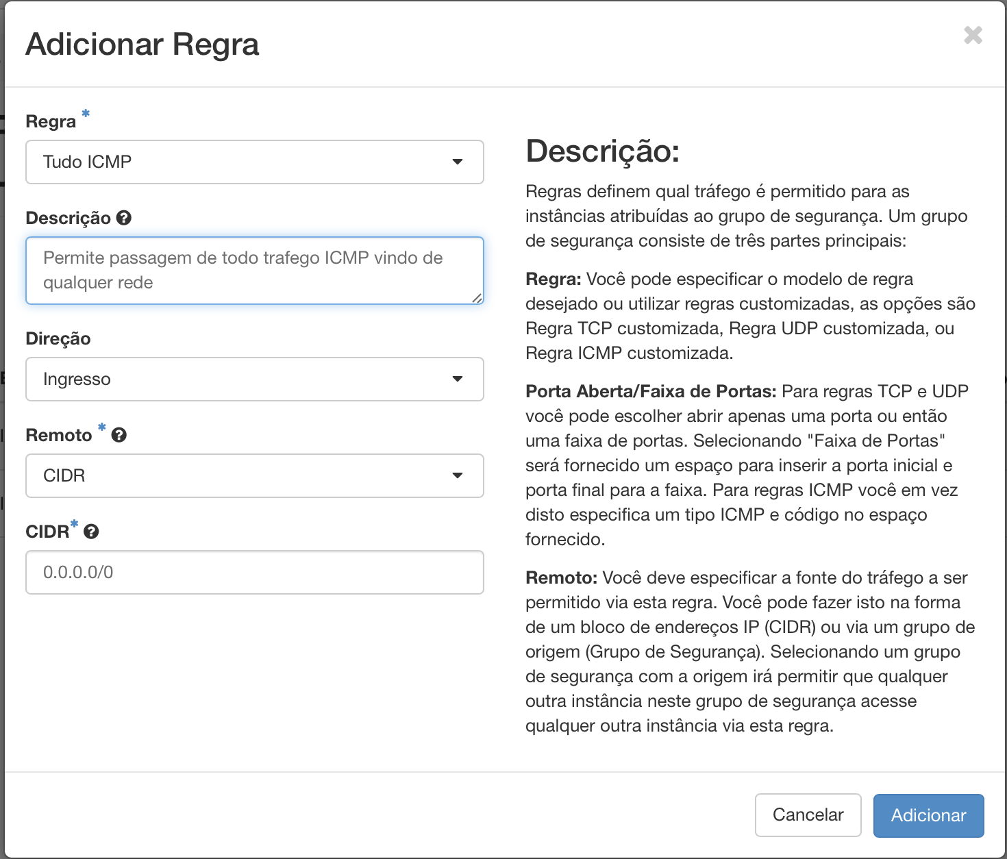 Painel da NNumbers Cloud, Grupos de segurança: após a criação de um grupo de segurança, é necessário incluir