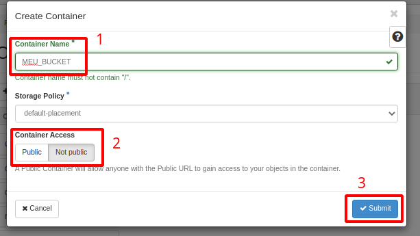Painel da NNumbers Cloud, Object Store: na nova janela, precisamos preencher o nome e o tipo de acesso