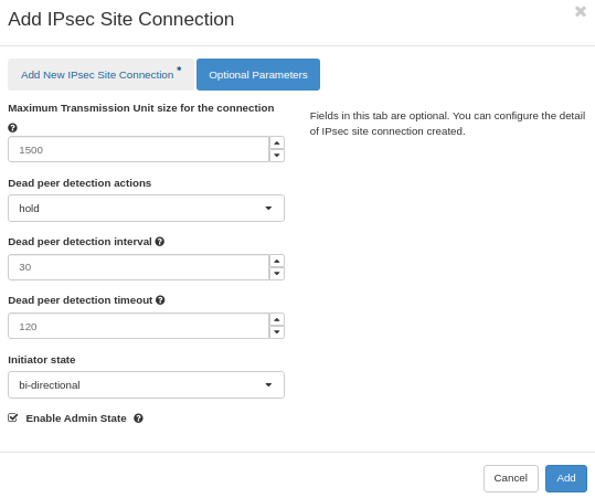 Painel da NNumbers Cloud, VPN site-to-site: enable Admin State/Ativar Estado Administrativo - O estado