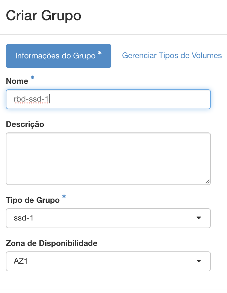 Painel da NNumbers Cloud, Volumes: zona de Disponibilidade: Zona de disponibilidade onde o grupo de volume