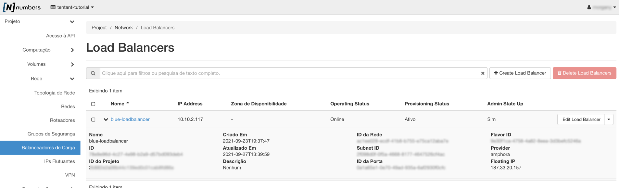 Painel da NNumbers Cloud, Load balancers: no menu Rede -> Balanceadores de Carga, clique no link à esquerda