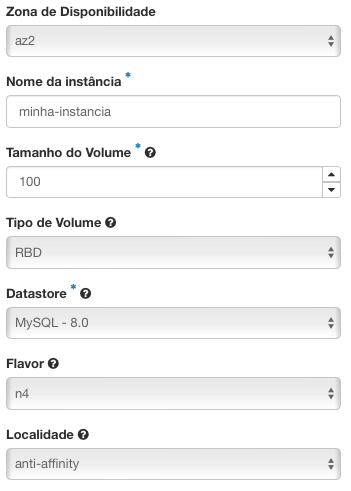 Painel da NNumbers Cloud, Banco de dados: após clicar em Disparar Instância , será aberta a seguinte janela
