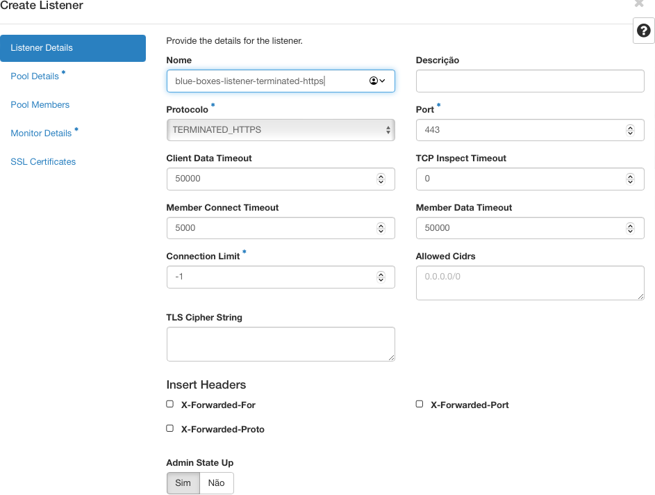 Painel da NNumbers Cloud, Load balancers: para os casos de SNI com múltiplos domínios, selecione os diversos