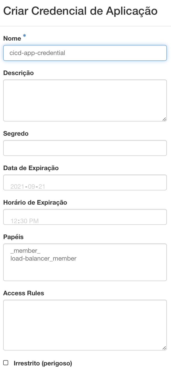 Painel da NNumbers Cloud, Credenciais de aplicação: em seguida a tela seguinte será apresentada, preencha os