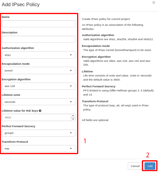 Painel da NNumbers Cloud, VPN site-to-site: após preenchido o formulário, no rodapé clique em Add