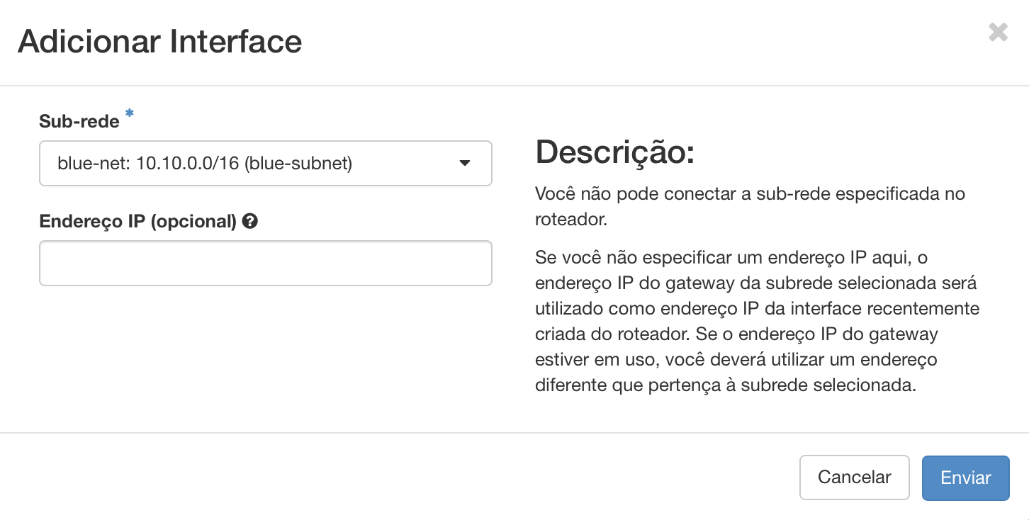 Painel da NNumbers Cloud, Roteadores: escolha a sub-rede a qual se deseja conectar, blue-net no exemplo