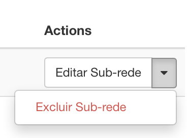 Painel da NNumbers Cloud, Redes: para excluir a sub-rede, o comportamento é o mesmo da tela anterior (Redes)