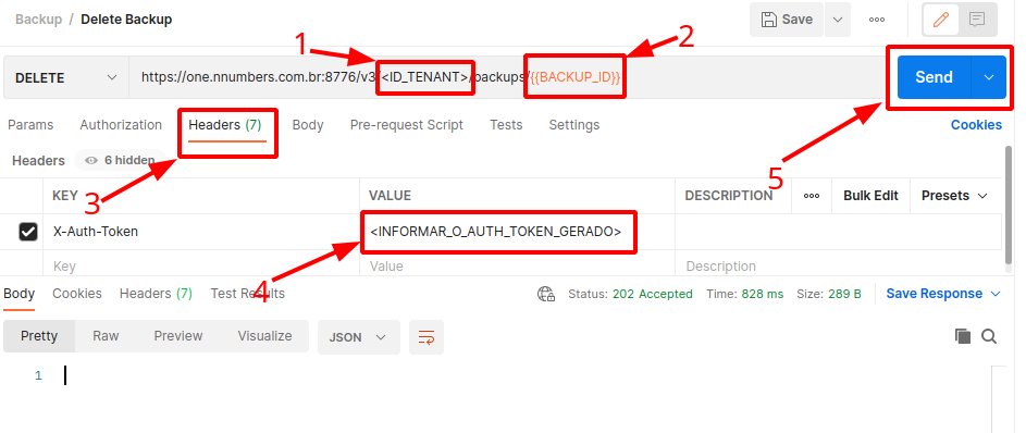 Painel da NNumbers Cloud, Volumes: com o ID do backup em mãos, na scratch pad abra o item Delete Backup