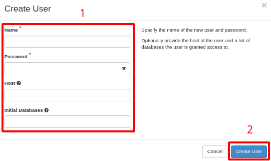 Painel da NNumbers Cloud, Banco de dados: após preenchido, basta clicar no botão Create User