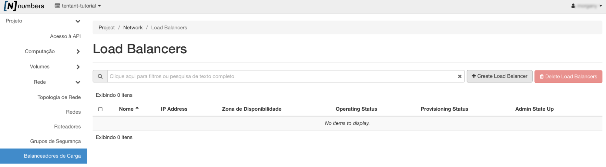 Painel da NNumbers Cloud, Load balancers: para criar um load balancer selecione o menu Projeto -> Rede ->