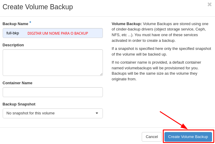 Painel da NNumbers Cloud, Volumes: na janela aberta, informar um nome para realizar o backup e em seguida