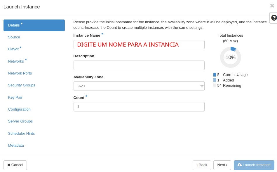 Painel da NNumbers Cloud, Volumes: na nova janela que abriu, digite um nome para a instância e no rodapé