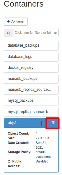 Painel da NNumbers Cloud, Object Store: caso deseje remover o bucket e todo seu conteúdo, clique no ícone