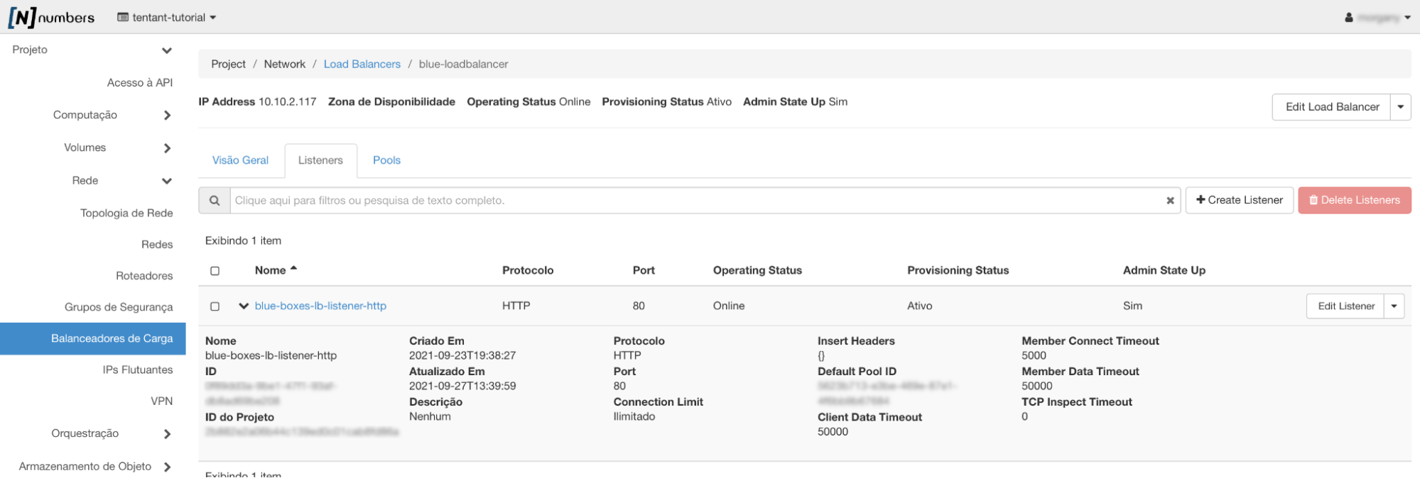 Painel da NNumbers Cloud, Load balancers: selecione a aba Listeners, clique no link à esquerda da linha