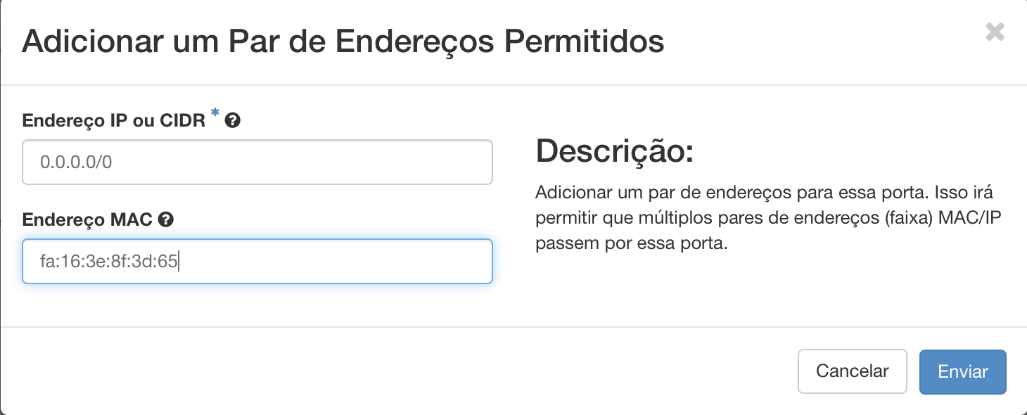 Painel da NNumbers Cloud, Redes: informa o MAC address