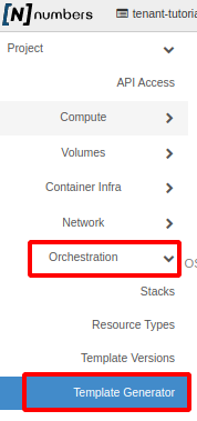Painel da NNumbers Cloud, Orquestração: no menu à esquerda, clicar em Orchestration -> Template Generator
