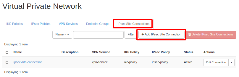 Aba IPSEC Site Connection do menu de VPN, com o botão para adicionar a conexão