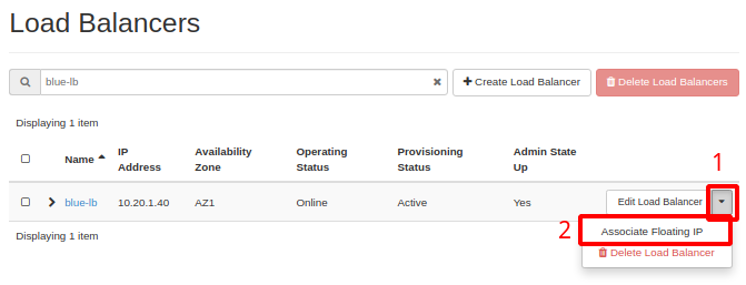 Painel da NNumbers Cloud, IPs flutuantes: será carregada a lista de load balancers criada anteriormente