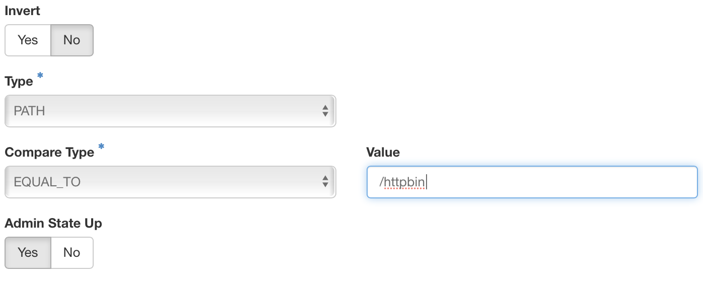 Painel da NNumbers Cloud, Load balancers: crie uma regra para o caminho PATH igual a EQUALS_TO com o valor do caminho externo