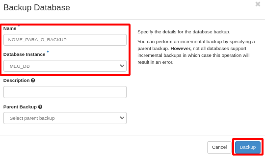 Painel da NNumbers Cloud, Banco de dados: para criar um backup, ao topo da página clique em Create Backup