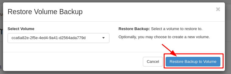 Painel da NNumbers Cloud, Volumes: na nova janela aberta, clique em Restore Backup to Volume