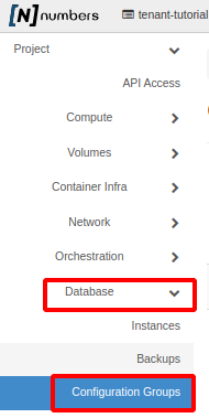 Painel da NNumbers Cloud, Banco de dados: no menu à esquerda, clicar em Databases -> Configuration Groups