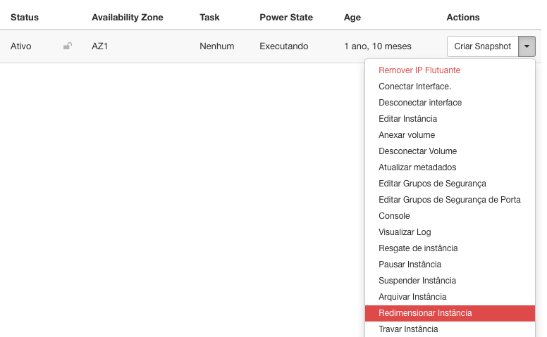 Painel da NNumbers Cloud, Instâncias computacionais: para redimensionar uma instância computacional basta