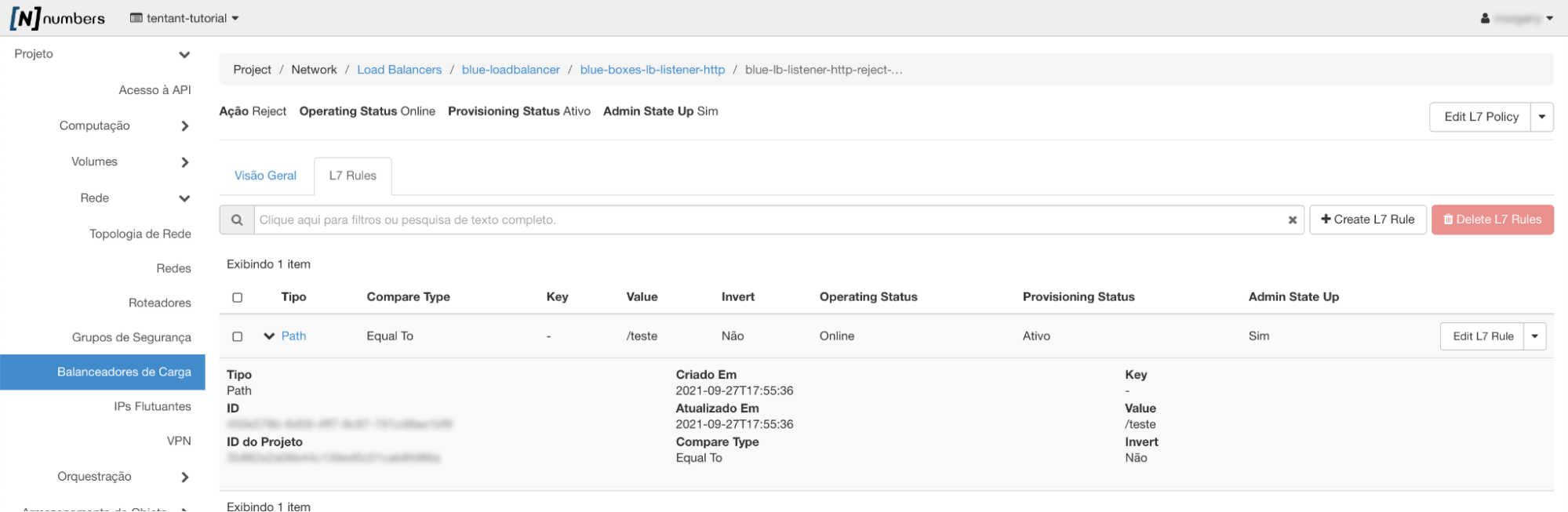 Painel da NNumbers Cloud, Load balancers: as regras configuradas podem ser editadas clicando no link de cada