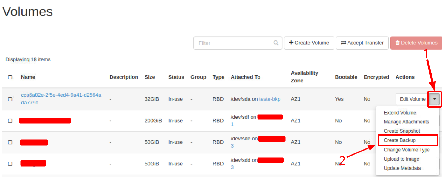 Painel da NNumbers Cloud, Volumes: após localizar o volume, clicar na seta para baixo e em seguida em Create