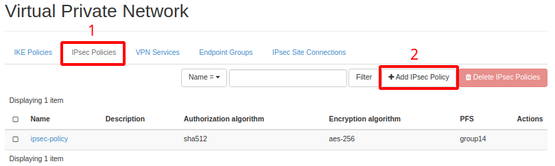 Painel da NNumbers Cloud, VPN site-to-site: no menu localizado ao topo clique em IPsec Policies e depois
