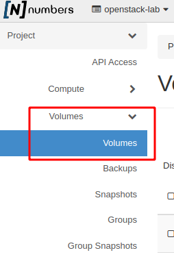 NNumbers Cloud console, Volumes: in the left menu, click Volumes and then volumes