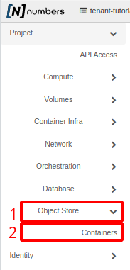 NNumbers Cloud console, Object Store: in the left menu, click Object Store and then Containers
